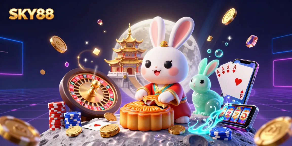 Engage in thrilling gaming at SKY88, with vibrant 3D visuals including a moon rabbit and casino elements.