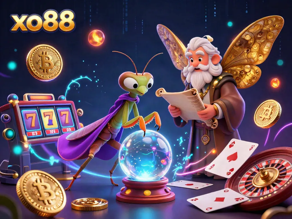 Spin the reels at xo88 with lively characters amidst dazzling jackpots and glowing crypto coins.
