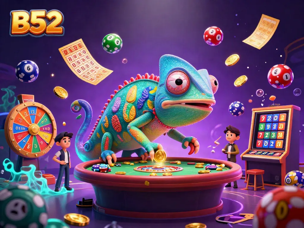 Engage in a vibrant B52 casino scene with a chameleon owner and playful lottery elements.