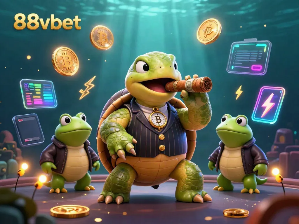 Experience 88vbet's thrilling casino atmosphere with a snapping turtle mobster and bullfrog enforcers amidst crypto coins.