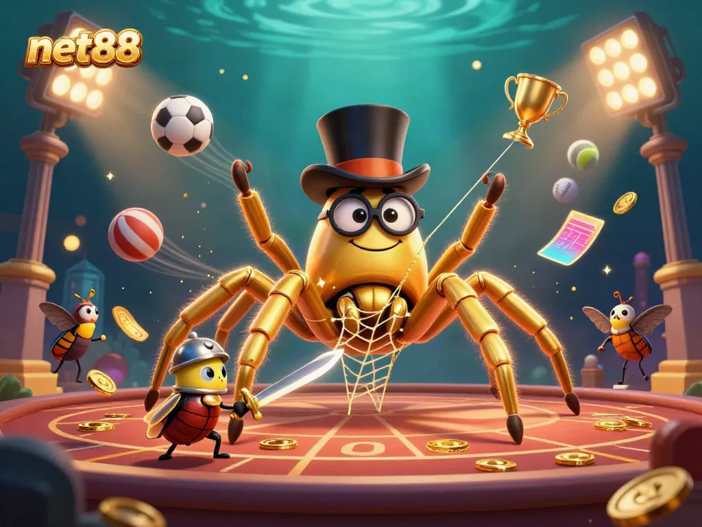 Witness the excitement as net88's golden tarantula weaves a winning web in a vibrant casino.