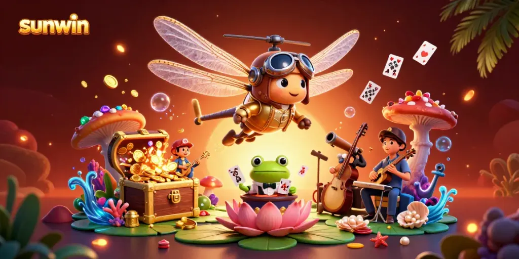 Experience sunwin's dynamic gaming world with a vibrant casino scene, featuring interactive characters and vivid treasures.