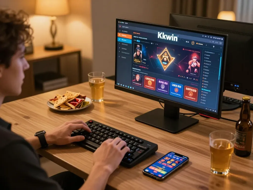 Kkwin player placing strategic bets at a stylish online gaming setup with desktop and mobile display