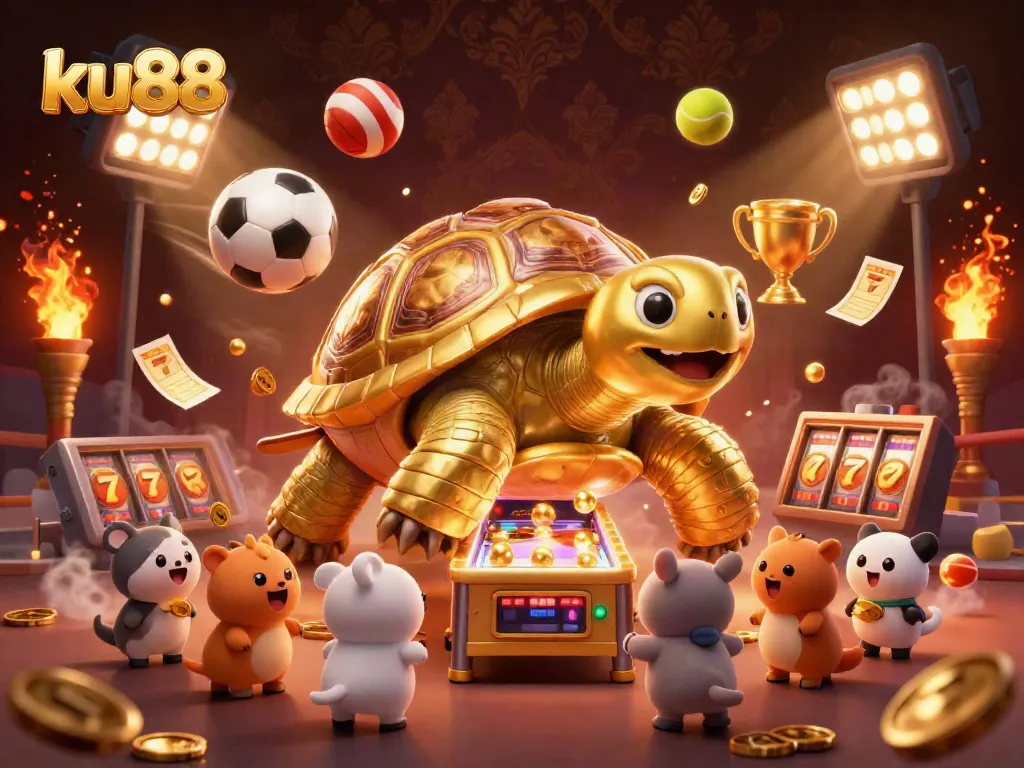 ku88 spins excitement in a vibrant 3D casino scene featuring a colossal golden tortoise and dynamic game elements