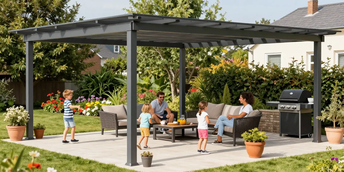 Moderne Terrassenüberdachung mit Familie, die eine sonnige Zeit im Garten genießt.
