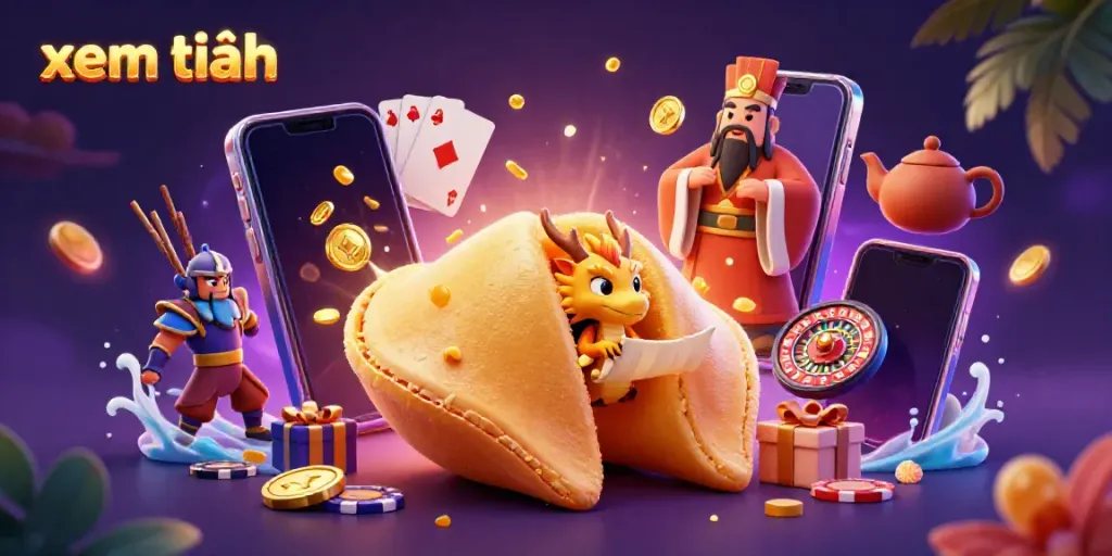 Xem thêm interactive scene with a golden fortune cookie, dragon, and casino elements enhancing gaming excitement.