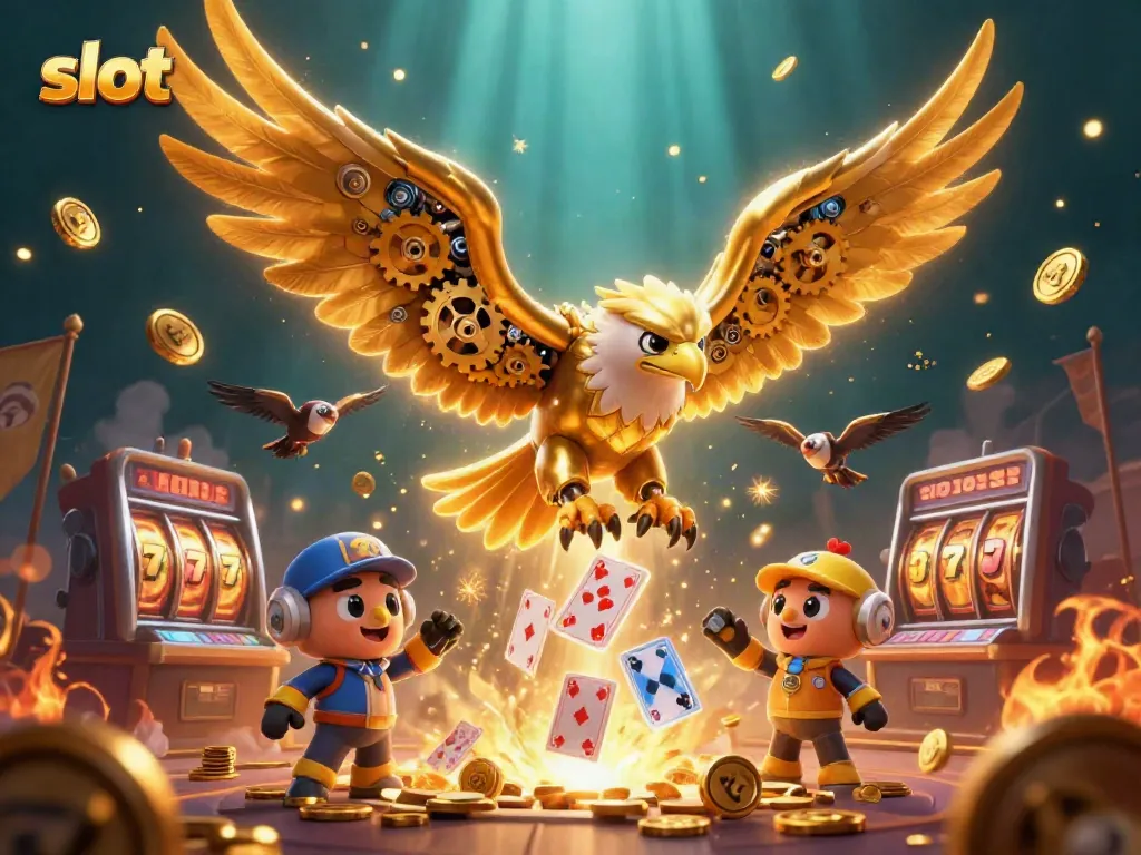 Engage with thrilling slot gaming featuring a cybernetic eagle amidst vibrant casino elements.