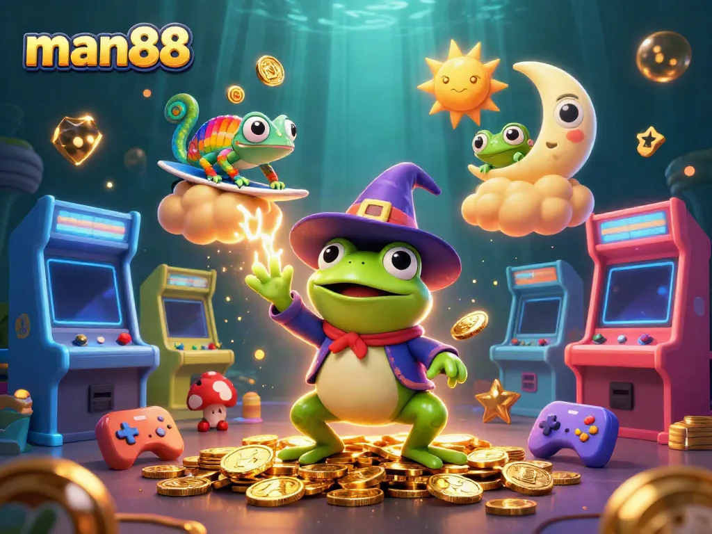Experience thrilling games at man88 with a vibrant 3D illustration of luck and excitement.