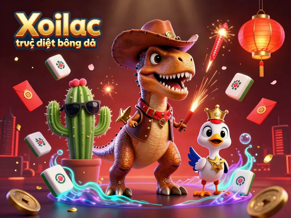 Xoilac trực tiếp bóng đá showcases a vibrant 3D scene with a dinosaur cowboy, cactus, and roadrunner amidst festive casino elements.