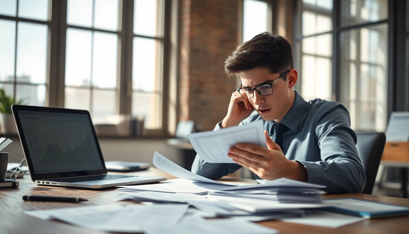 Finanzamt Schulden: Young adult reviewing documents about tax debts in an office.