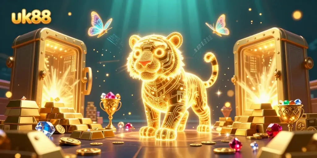 Experience the thrill of uk88 casino adventure as a golden tiger and holographic butterflies illuminate a treasure-filled digital landscape.