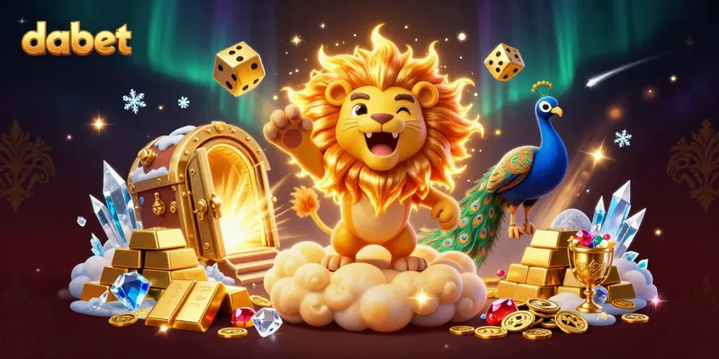 Experience the excitement of dabet with a vibrant 3D casino illustration displaying golden treasures and luck-filled characters.