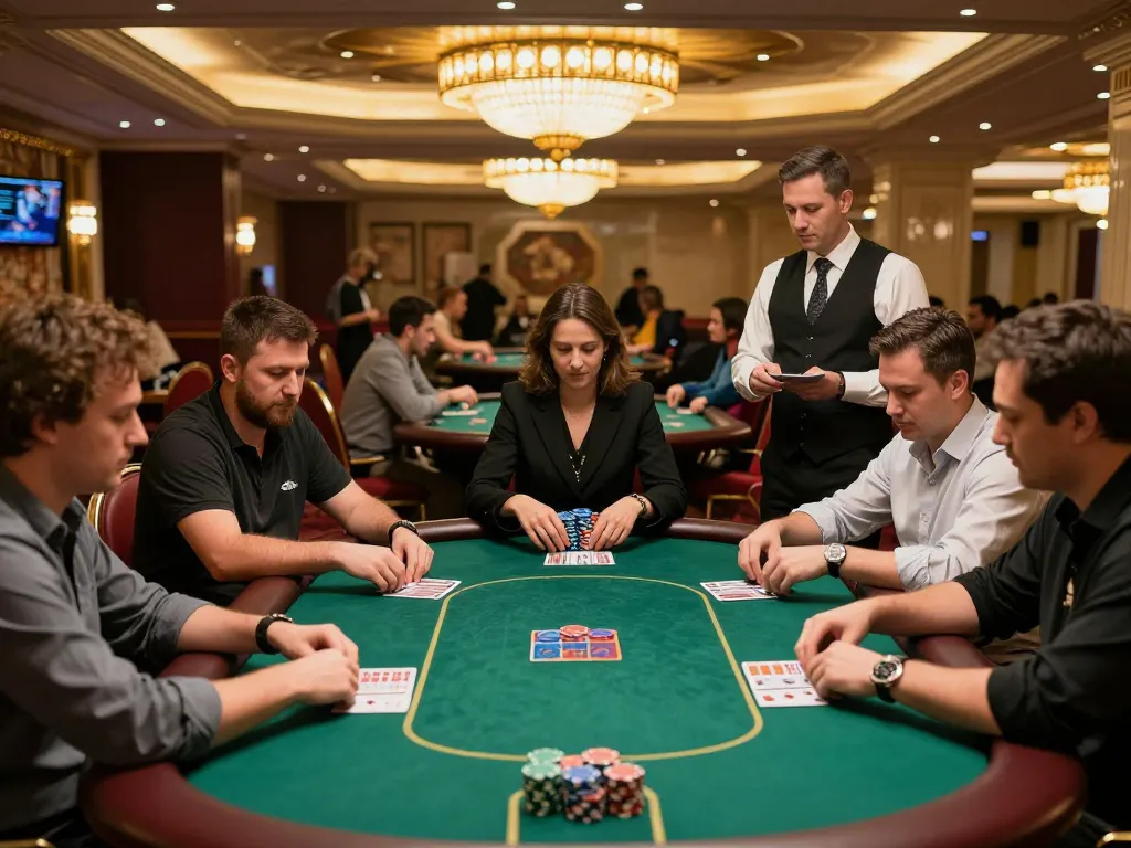 Engaging poker game scene at go8.com with players strategizing their bets in a luxurious casino atmosphere.