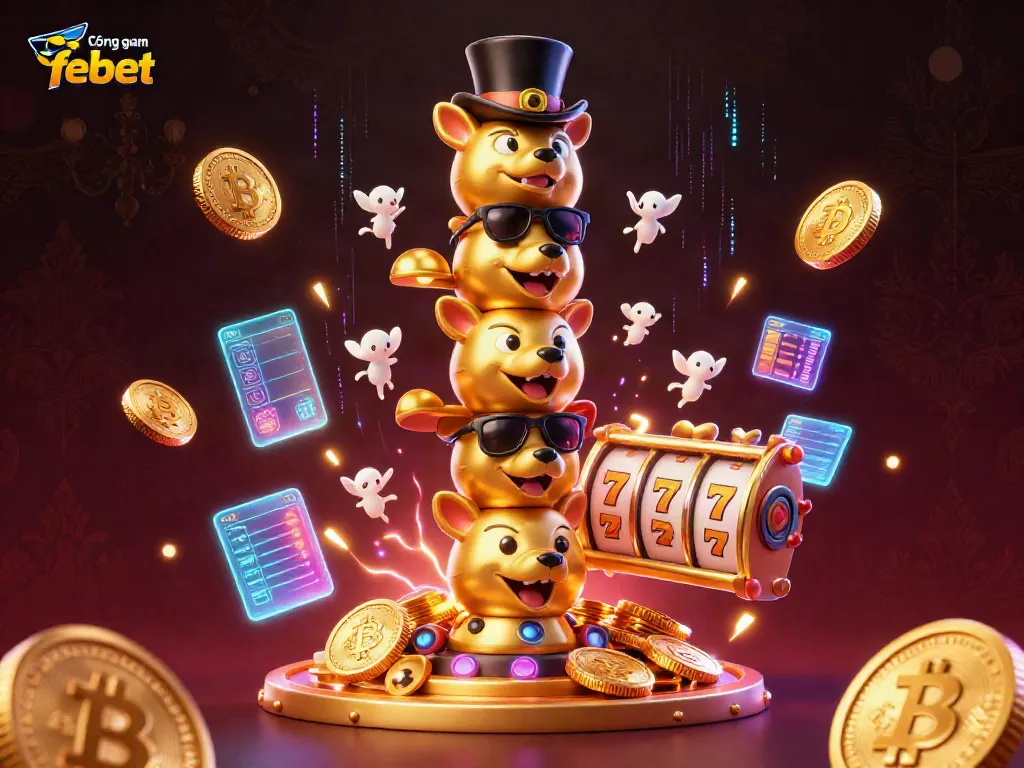 Experience excitement at Cổng game febet with vibrant 3D casino-themed illustration, showcasing dynamic games and crypto elements.