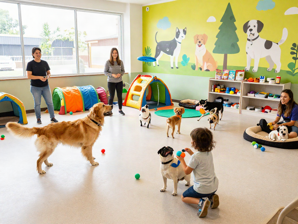 Dogs playing joyfully at the doggy daycare, showcasing the slot88 experience.