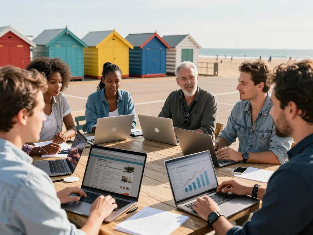 Engaging hosts discussing airbnb management brighton strategies by the beachfront.