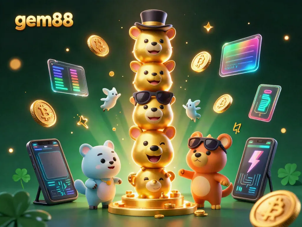 Experience the excitement of gem88 with a vibrant 3D scene of a dynamic totem pole surrounded by cryptocurrency elements.