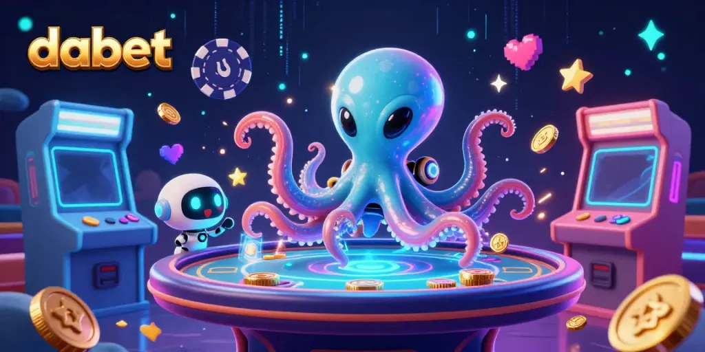 Dabet showcases a captivating alien octopus operating a holographic poker table while surrounded by vibrant game elements.
