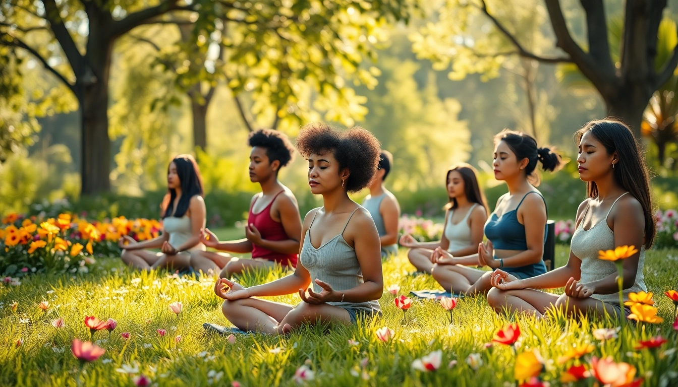 Promote mental health awareness through diverse individuals meditating in a tranquil garden.
