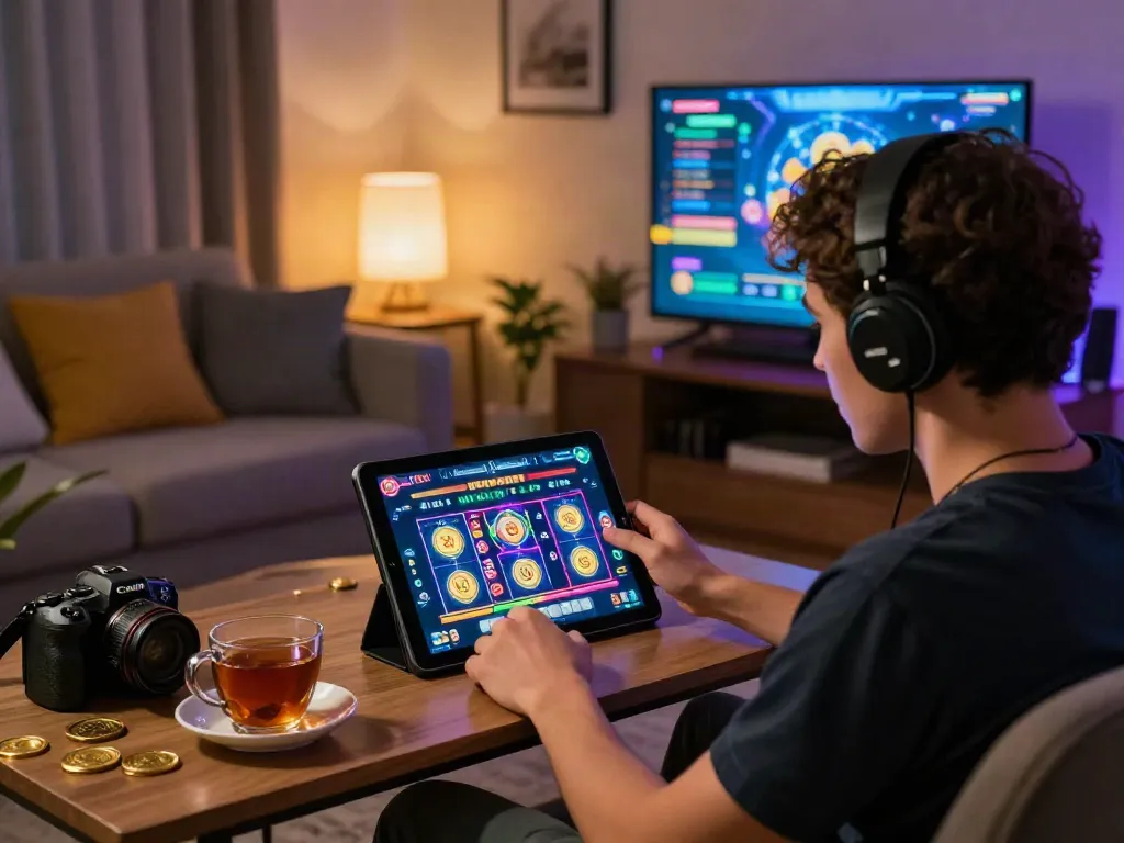 Player enjoying games on a situs gacor platform showcase with vibrant colors and cozy atmosphere.