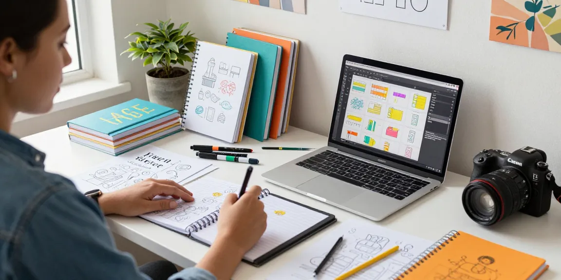 Creative workspace designing custom printed notebooks with tools and sketches