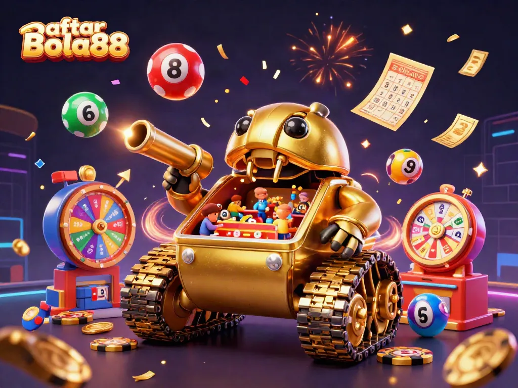 Engage with Daftar Bola88 in a colorful and dynamic casino-themed illustration featuring a unique golden beetle tank and vibrant game elements.