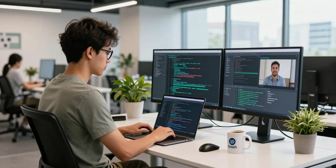 在现代办公室中，WPS软件开发人员专注于编程，显示复杂算法及架构的双屏幕和舒适的办公环境。