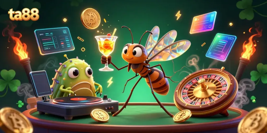 Experience the thrill at ta88 with an engaging casino scene featuring a lively mosquito mascot and gaming elements.