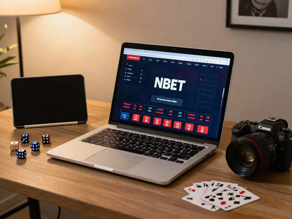 Engaging online gaming setup with the NBET platform on laptop, dice and cards surrounding, inviting warm atmosphere.