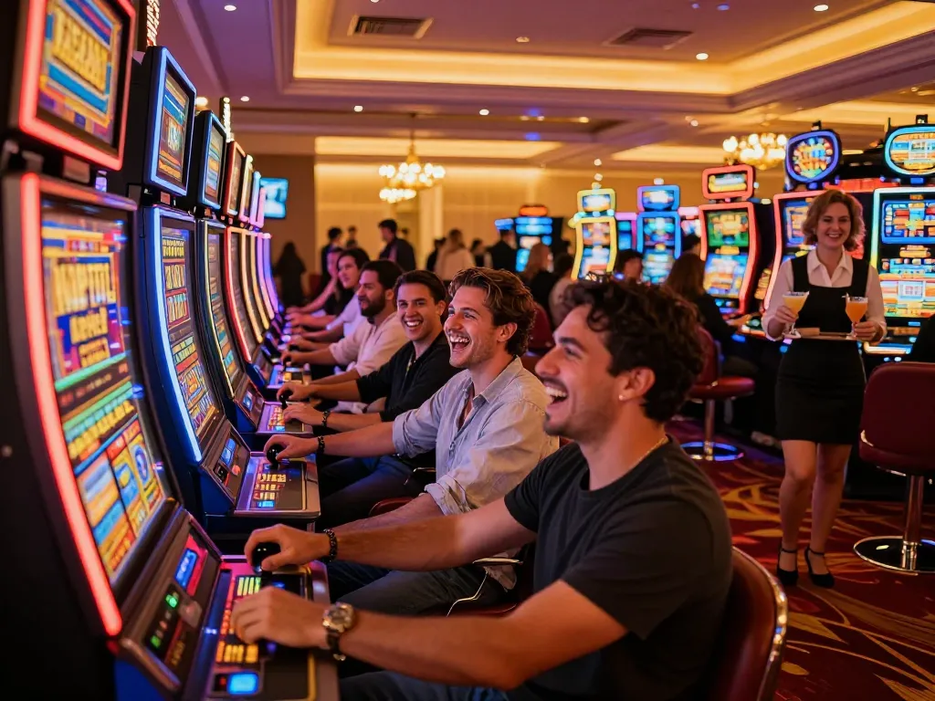 Players celebrating wins on slot machines at vipwin.com casino floor, showcasing excitement and luxury atmosphere.
