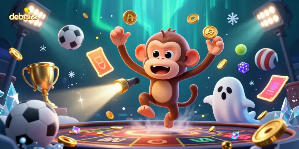Experience thrilling games with debet2868 while interacting with a ghost-hunter puppy in a haunted casino scene.