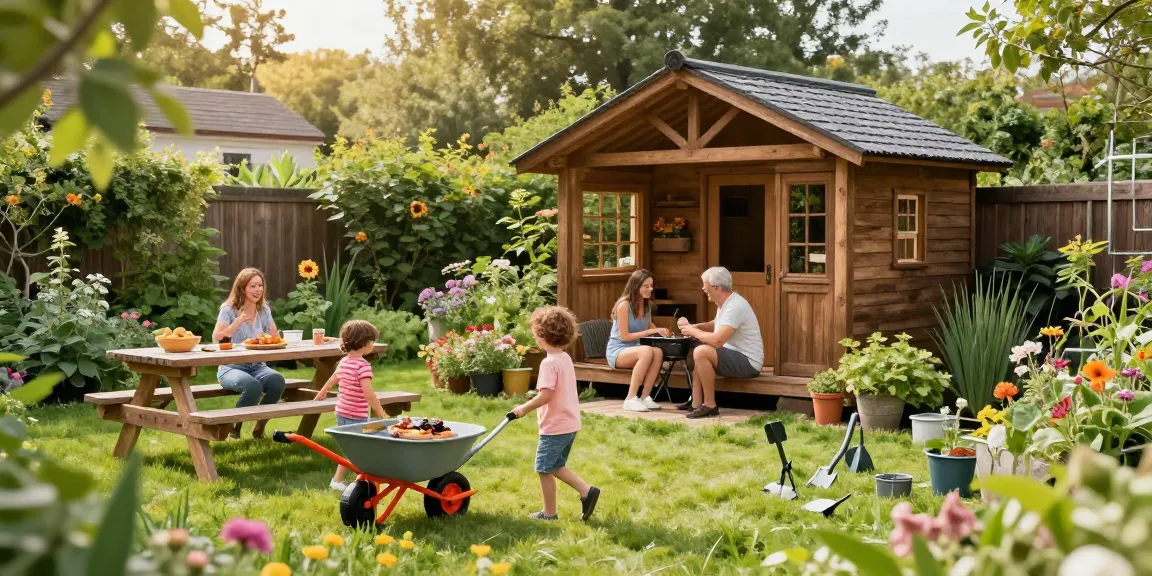 Gartenhaus in einem blühenden Garten mit Familie beim Grillen.
