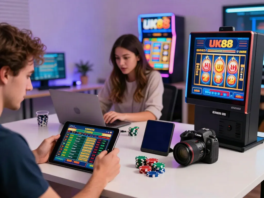 Engaging online gaming atmosphere with players enjoying UK88 betting activities in a modern home office.