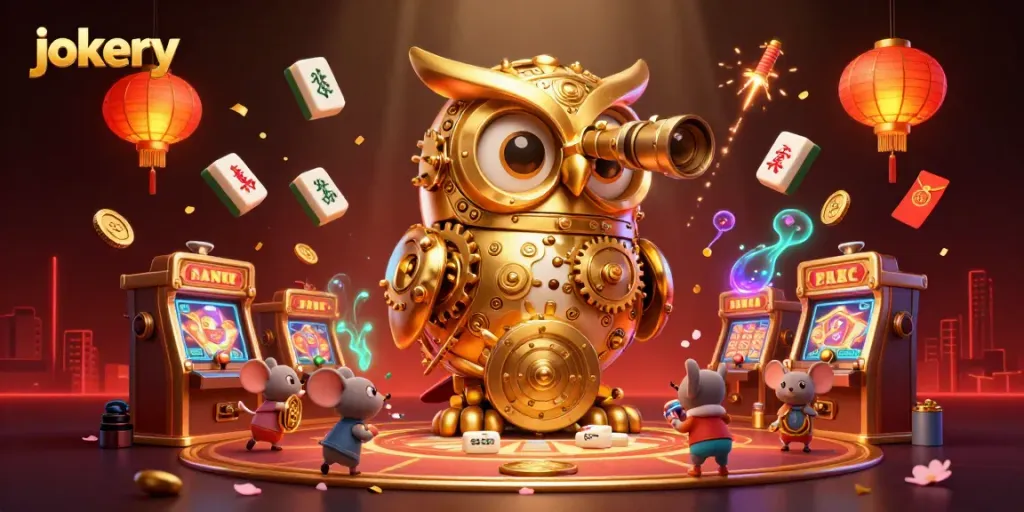 Engage with jokery thrills as the golden owl surveys the vibrant casino scene filled with dynamic elements.