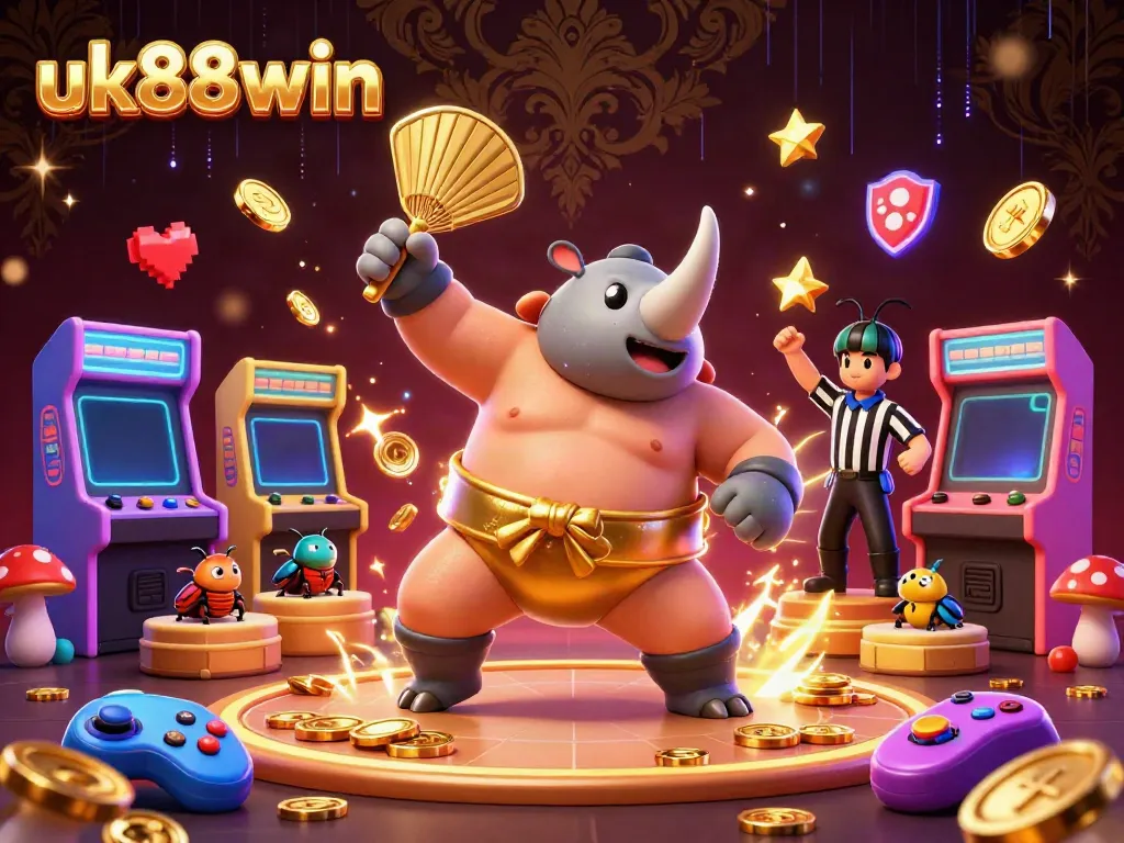 Experience excitement at uk88win with a colorful casino-themed scene showcasing a sumo beetle champion and dynamic gaming elements.