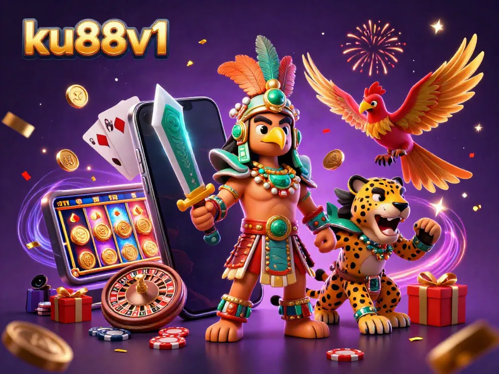 Experience the excitement at ku88v1 with dynamic casino elements featuring 3D Aztec warriors and golden coins.