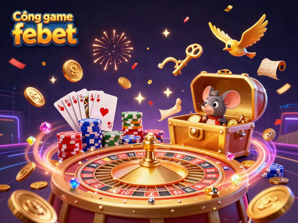 Experience excitement with Cổng game febet's vibrant casino scene featuring spinning roulette and shimmering treasures.