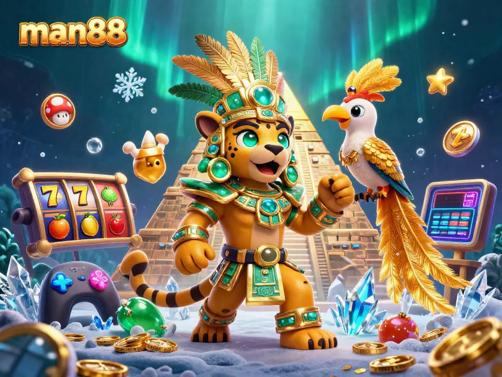 Engage in the man88 gaming experience with vibrant slot reels and dynamic golden elements.