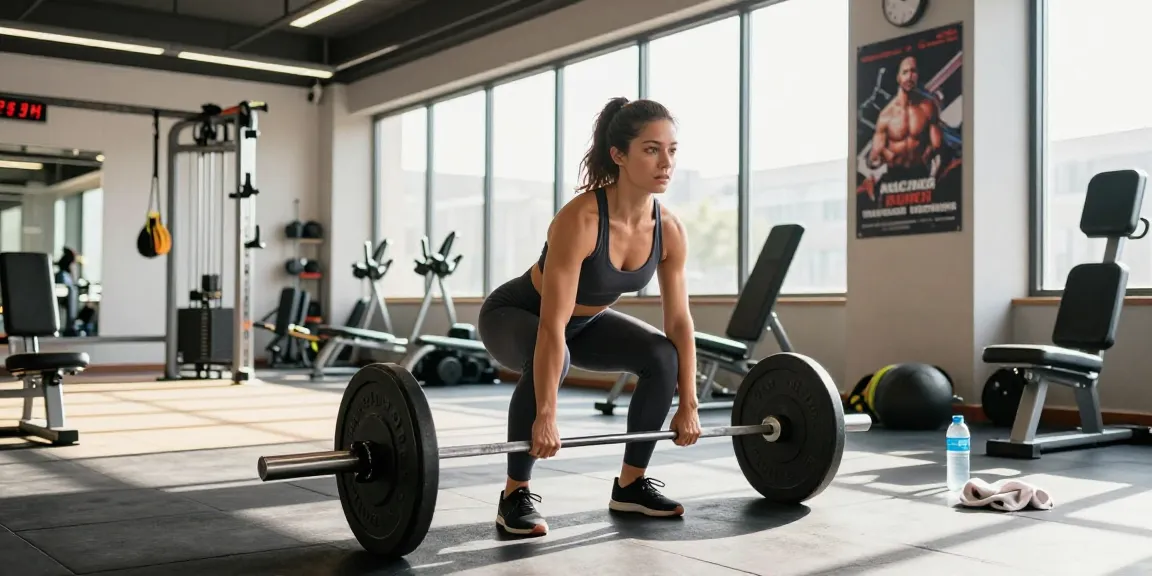 Anabolika Shop Deutschland zeigt eine Frau, die in einem lebhaften Fitnessstudio Kreuzheben macht, und betont Krafttraining und Fitness.