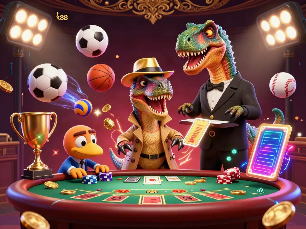 Experience the thrilling world of tx88 with a colorful cartoon velociraptor at a blackjack table, showcasing vibrant casino elements.
