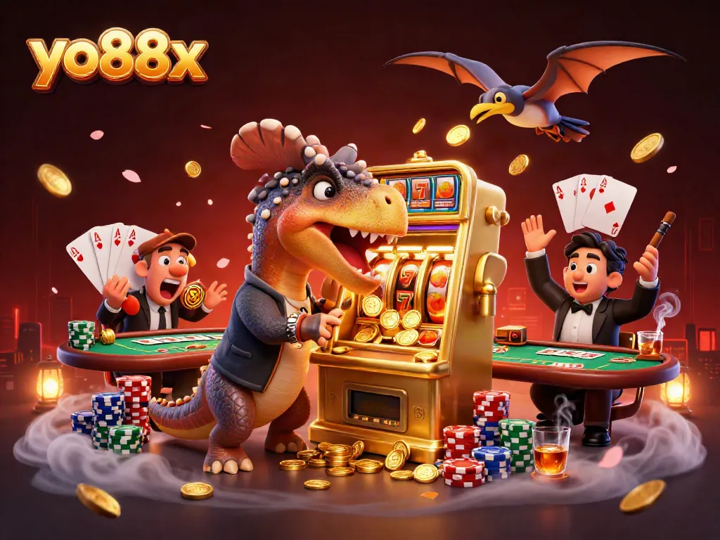 Experience jackpot wins at yo88x with a vibrant casino scene featuring dynamic characters and gaming elements.