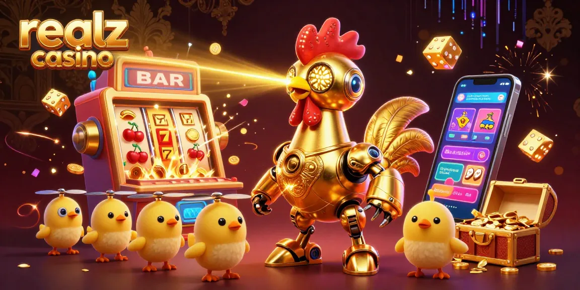 Experience realz casino's vibrant action with golden chickens and slot machines bursting with winnings.