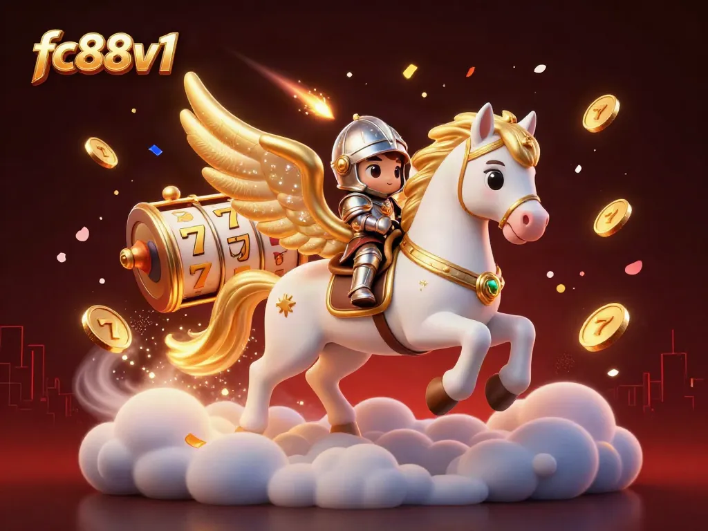Witness the dynamic essence of fc88v1 as the celestial horse and knight light up the casino atmosphere, surrounded by vibrant casino elements.