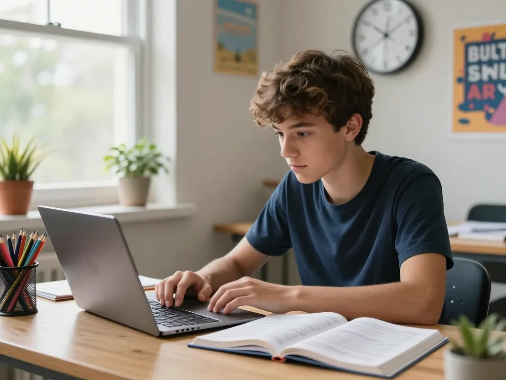 Student nutzt ein Hausaufgaben Löser-Tool auf seinem Laptop in einem hellen Studienraum.