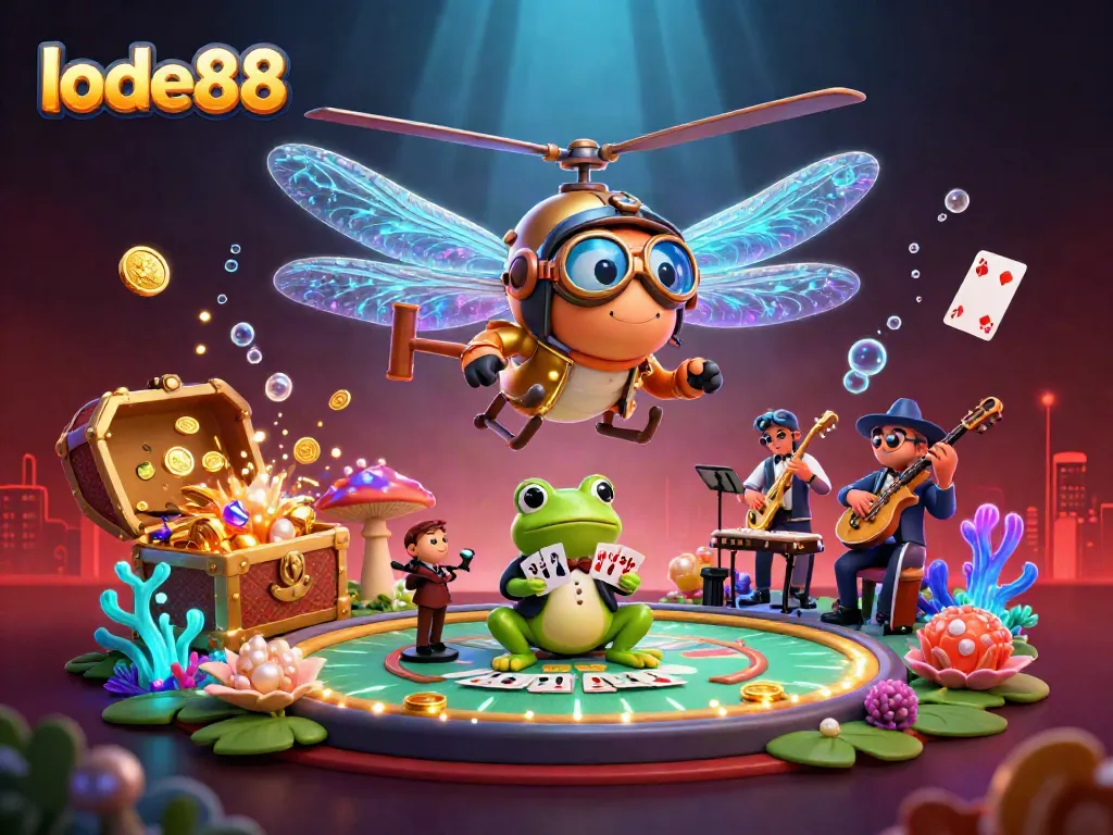 Engage with exciting lode88 gaming experiences as a dragonfly pilot hovers above a vibrant lily pad casino.