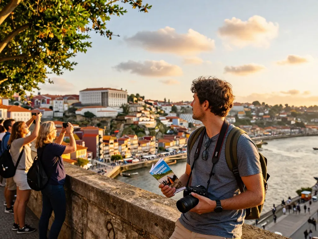 Reisetipps Porto Reisender auf der Dom Luís I Brücke, der malerische Sonnenuntergangsansichten einfängt.