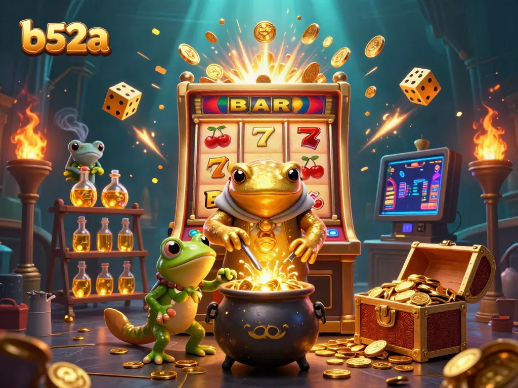 Experience the vibrant world of b52a with golden coins bursting from a slot machine alongside alchemical characters.