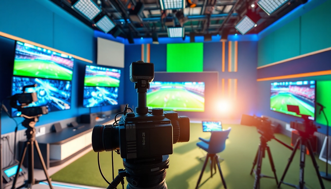 Engaging scene of sports broadcasting with dynamic studio elements and vibrant atmosphere.