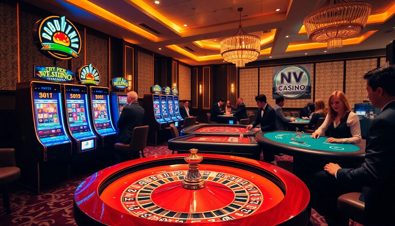 Spannendes Gameplay im NV Casino mit lebhaften Spielautomaten, Poker-Tischen und Roulette-Rad.