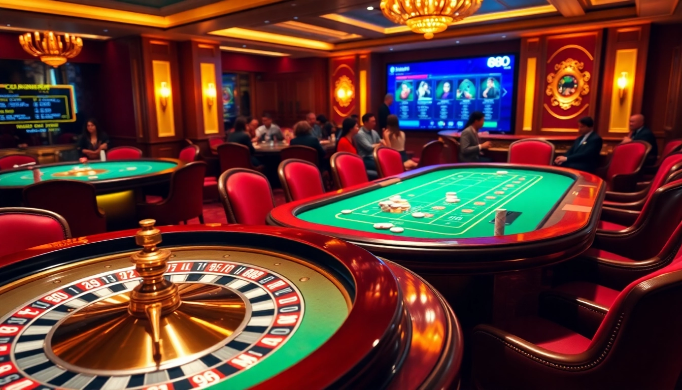 Experience the thrill of gambling at Nhà cái U888 with a luxurious casino scene featuring vibrant gaming tables.